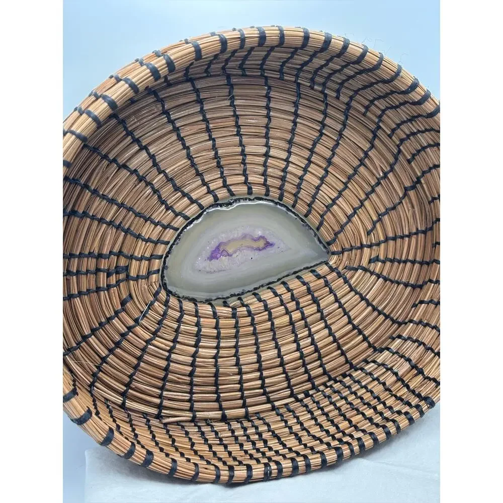 Handmade Pine Needle Basket Featuring a Polished Purple Agate Stone Center Base